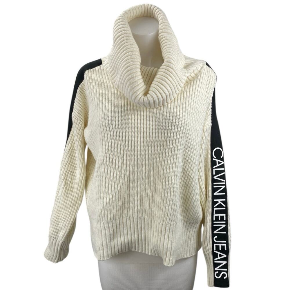 Calvin Klein Jeans Cream Ribbed Knit Long Sleeve Cowl Neck Sweater Top Size L